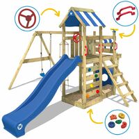 WICKEY Wooden climbing frame SeaFlyer with swing set and blue slide, Playhouse on stilts for kids with sandpit, climbing ladder & play-accessories