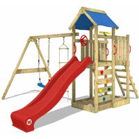 WICKEY Wooden climbing frame MultiFlyer with swing set and red slide, Garden playhouse with sandpit, climbing ladder & play-accessories