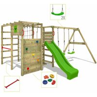 FATMOOSE Wooden climbing frame ActionArena with swing set and anthracite slide, Garden playhouse with climbing wall & play-accessories