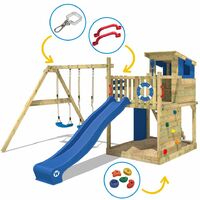WICKEY Wooden climbing frame Smart Camp with swing set and red slide, Playhouse on stilts for kids with sandpit, climbing ladder & play-accessories