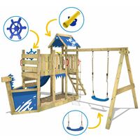 WICKEY Wooden climbing frame OceanFlyer with swing set and blue slide, Playhouse on stilts for kids with sandpit, climbing ladder & play-accessories