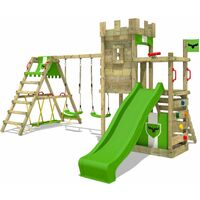 FATMOOSE Wooden climbing frame BoldBaron with swing set SurfSwing and apple green slide, Knight's playhouse with sandpit, climbing ladder & play-accessories