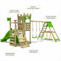 FATMOOSE Wooden climbing frame BoldBaron with swing set SurfSwing and apple green slide, Knight's playhouse with sandpit, climbing ladder & play-accessories
