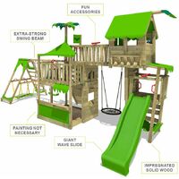 FATMOOSE Wooden climbing frame PacificPearl with swing set SurfSwing and apple green slide, Playhouse on stilts for kids with sandpit, climbing ladder & play-accessories
