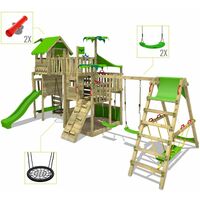 FATMOOSE Wooden climbing frame PacificPearl with swing set SurfSwing and apple green slide, Playhouse on stilts for kids with sandpit, climbing ladder & play-accessories