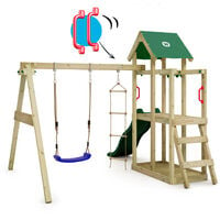 WICKEY Wooden climbing frame TinyPlace with swing set and green slide, Garden playhouse with sandpit, climbing ladder & play-accessories