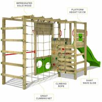 FATMOOSE Wooden climbing frame ActionArena with apple green slide, Garden playhouse with climbing wall & play-accessories