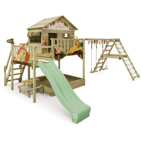 Torre de juegos Wickey parque infantil Disney Quest con columpio y tobogán, casita de zancos con arenero, escalera para trepar y accesorios de juego - CERO