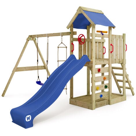Torre de escalada de exterior con techo arenero y escalera para niños WICKEY Parque infantil de madera MultiFlyer con columpio y tobogán azul