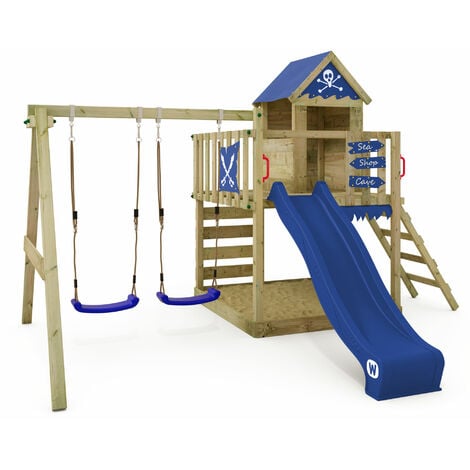 Parque infantil de madera Smart con columpio y tobogán Casa de de jardín con arenero y escalera para niños - azul