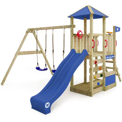 Wickey Parque infantil de madera Smart Savana con columpio y tobogán Torre de escalada de exterior con arenero y escalera para niños – azul