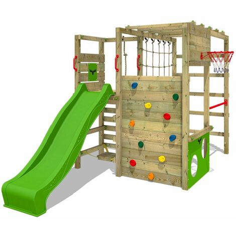 FATMOOSE Parque infantil de madera ActionArena con tobogán manzana verde área de juegos da exterior, pared de escalada Sueco con pared de escalada para niños