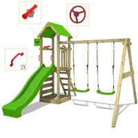 FATMOOSE Parque infantil de madera KiwiKey con columpio y tobogán manzana verde Torre de escalada de exterior con arenero y escalera para niños