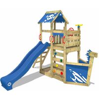 WICKEY Parque infantil de madera SpookyFlyer con tobogán azul Casa de juegos de jardín con arenero y escalera para niños