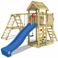 WICKEY Parque infantil de madera RocketFlyer con columpio y tobogán azul Torre de escalada de exterior con arenero y escalera para niños