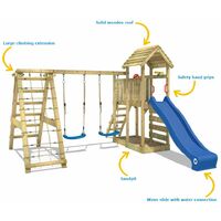 WICKEY Parque infantil de madera RocketFlyer con columpio y tobogán azul Torre de escalada de exterior con arenero y escalera para niños