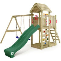 WICKEY Parque infantil de madera MultiFlyer Techo de madera con columpio y tobogán verde Torre de escalada de exterior con techo, arenero y escalera para niños