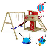 WICKEY Parque infantil de madera Smart Camp con columpio y tobogán rojo Casa de juegos de jardín con arenero y escalera para niños
