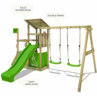 FATMOOSE Parque infantil de madera FruityForest con columpio y tobogán manzana verde Torre de escalada de exterior con arenero y escalera para niños