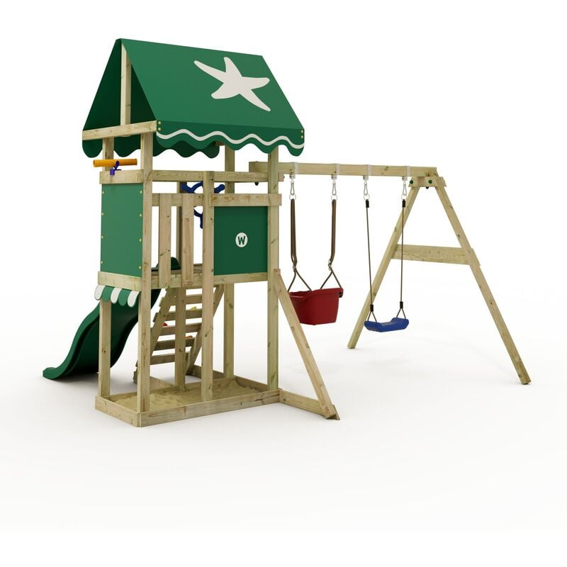 Wickey Parco giochi in legno, struttura di arrampicata DinkyStar per  bambini con scivolo e altalena per bambini, altalena per bambini con  cinture di sicurezza, 10 anni di garanzia - verde