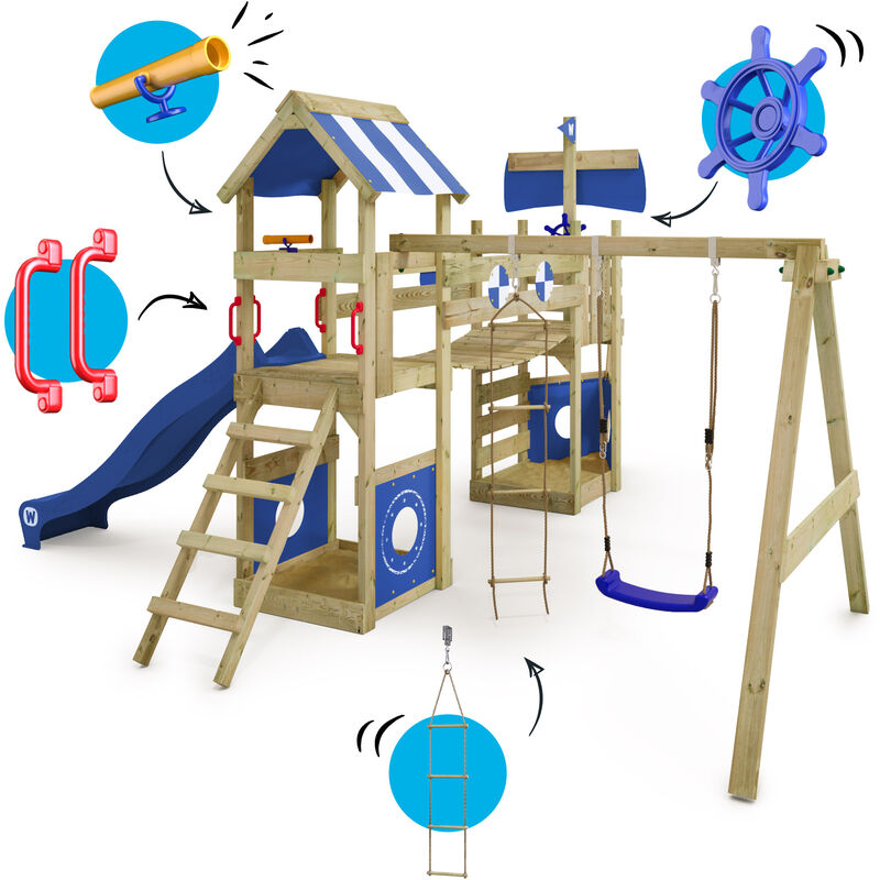 Wickey Parco giochi in legno VanillaFlyer Giochi da giardino con altalena e  scivolo Torre d'arrampicata da esterno con sabbiera e scala di risalita per  bambini - turchese