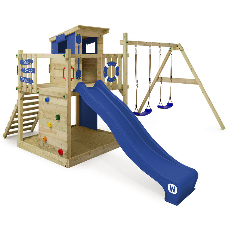 Wickey Parco giochi in legno Smart Camp Giochi da giardino con altalena e  scivolo Casetta da gioco per l'arrampicata con sabbiera e scala di risalita  per bambini - blu