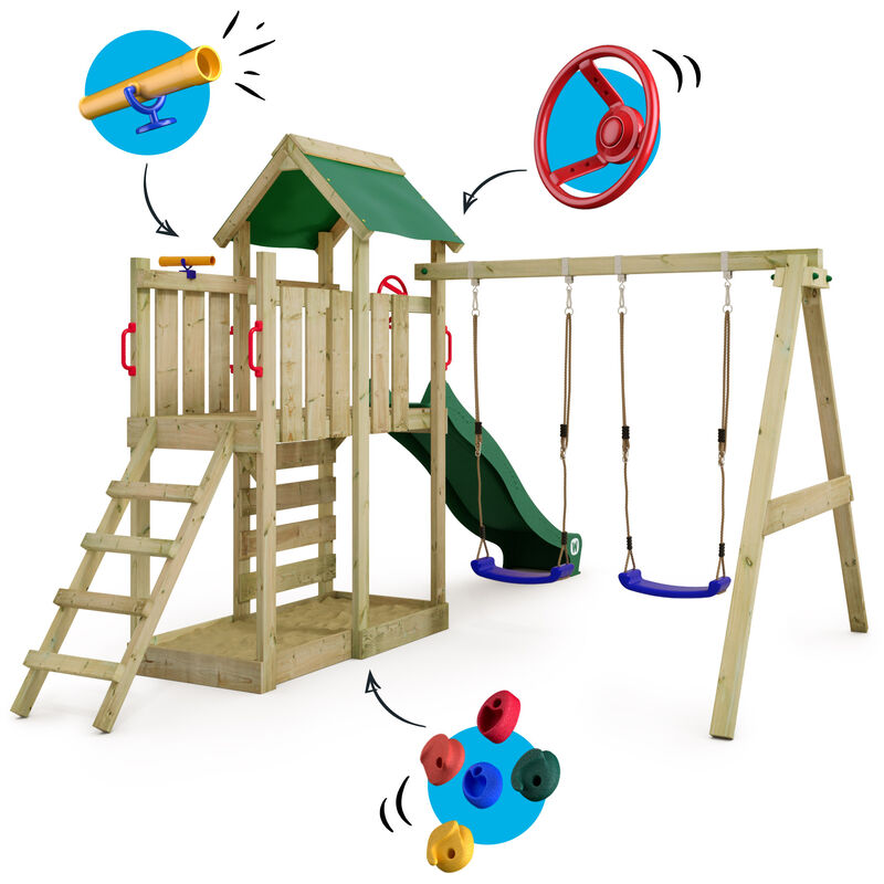 Wickey Parco giochi in legno MultiFlyer Giochi da giardino con altalena e  scivolo Torre d'arrampicata da esterno con sabbiera e scala di risalita per  bambini - verde