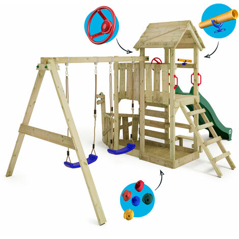 Wickey Parco giochi in legno TurboFlyer Giochi da giardino con altalena e  scivolo Torre d'arrampicata da esterno con sabbiera e scala di risalita per  bambini - verde