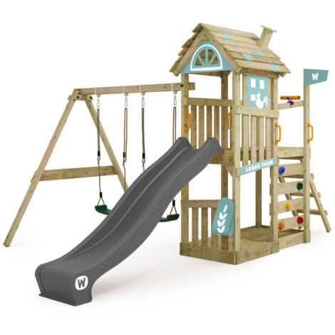 WICKEY Parco giochi in legno FarmFlyer Tetto in legno Giochi da giardino con altalena e scivolo Casetta da gioco per l'arrampicata con sabbiera e scala di risalita per bambini - antracite