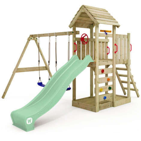 WICKEY Parco giochi in legno MultiFlyer Tetto in legno Giochi da giardino con altalena e scivolo Casetta da gioco per l'arrampicata con sabbiera e scala di risalita per bambini - verde pastello