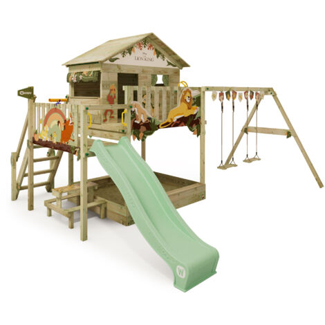 WICKEY Parco giochi in legno Disney Saga Giochi da giardino con altalena e scivolo Casa su palafitte da esterno con sabbiera e scala di risalita per bambini - Il Re Leone