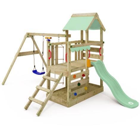 Wickey Casetta TurboFlyer con altalena e scivolo, torre da arrampicata con  sabbiera, scala e accessori da gioco verde pastello