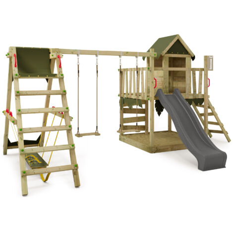 FATMOOSE Torre gioco JazzyJungle con altalena SurfSwing e scivolo, casetta da gioco con sabbiera, scala e accessori da gioco - antracite