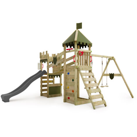 FATMOOSE Castello RiverRun con altalena e scivolo, casetta da gioco con sabbiera, scala e accessori da gioco - antracite