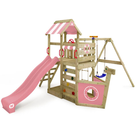 Wickey Torre gioco SeaFlyer con altalena e scivolo, casa sull�albero con sabbiera, scala e accessori da gioco - rosa pastello