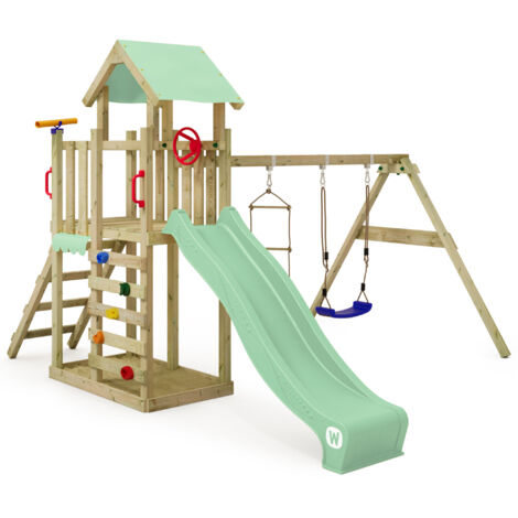 Wickey Torre gioco MultiFlyer Light con altalena e scivolo, torre da arrampicata per bambini da esterno con sabbiera, scala e accessori da gioco per il giardino - verde pastello