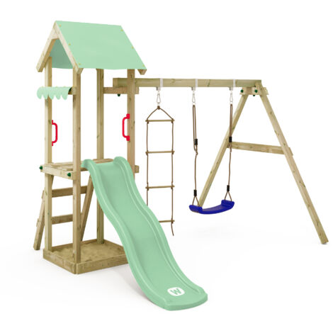 Wickey Torre gioco TinyCabin con altalena e scivolo, torre da arrampicata con sabbiera, scala e accessori da gioco - verde pastello