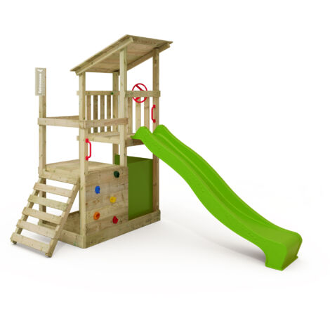 FATMOOSE Torre gioco FruityForest con scivolo, torre da arrampicata con sabbiera, scala e accessori da gioco - verde mela