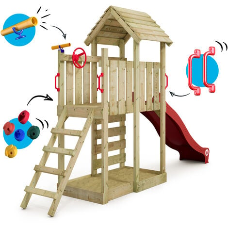 Wickey Parco giochi in legno TurboFlyer Giochi da giardino con altalena e  scivolo Torre d'arrampicata da esterno con sabbiera e scala di risalita per  bambini - rosso