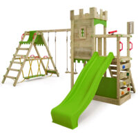 FATMOOSE Parco giochi in legno BoldBaron Giochi da giardino con altalena SurfSwing e scivolo mela verde Casetta da gioco per l'arrampicata con sabbiera e scala di risalita per bambini