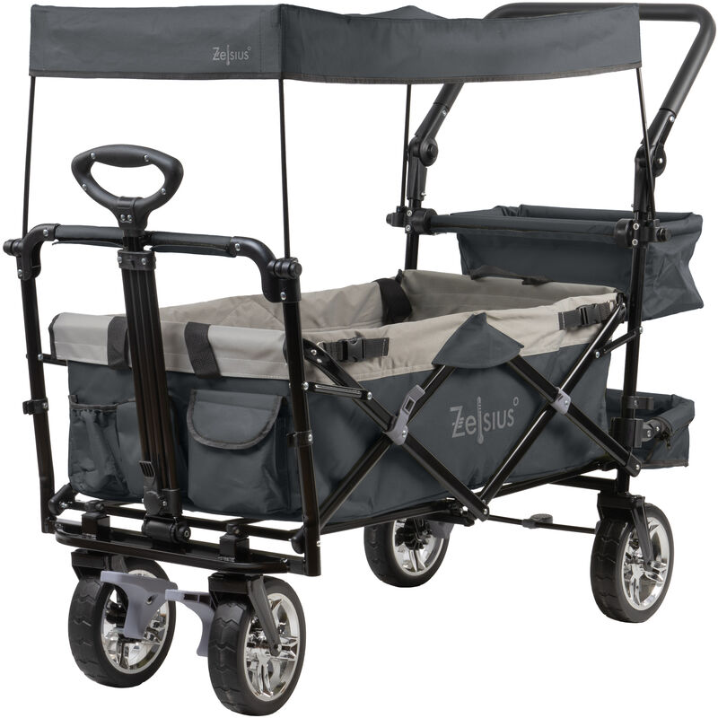 Gartenwagen Familienausflug FROSAL Bollerwagen Erik Extra Aus Holz – Extra Lange Deichsel Für Große Menschen, Bis 100 Kg Belastbar Bollerwagen Mit Dach