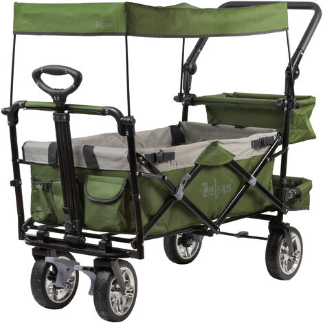 Zelsius Bollerwagen faltbar mit Dach, Grün / Grau, Transportwagen mit Gurtsystem, Klappbollerwagen