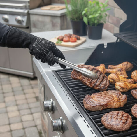 Produktbild von Ofenhandschuhe Set 2 Stück – Hitzebeständige Topfhandschuhe Aus Baumwolle, Schwarz, Mit Antirutsch – Für Backofen, Grill & Herd
