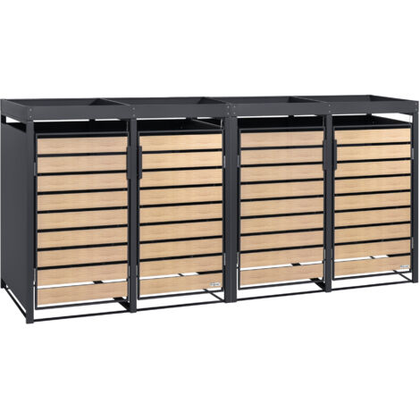 Zelsius Mülltonnenbox 4 er mit Pflanzdach für 4 Tonnen, 120 - 240 Liter, Anthrazit RAL 7016, Tür in Holzoptik