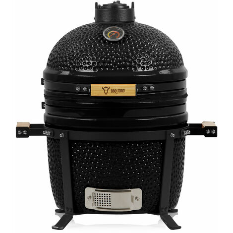 BBQ-Toro Kamado Grill Holzkohlegrill Ø 39 cm "SHIRO" mit Thermometer und Holzgriffen, Schwarz