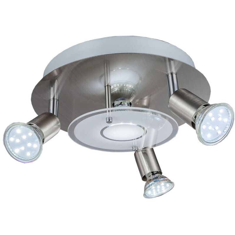 Plafoniera LED da soffitto, include 4 lampadine GU10 3W luce calda, à˜25cm,  1 faretto fisso 3 inclinabili, lampada moderna per l'illuminazione da  interno, metallo e vetro, color nickel opaco 230V IP20