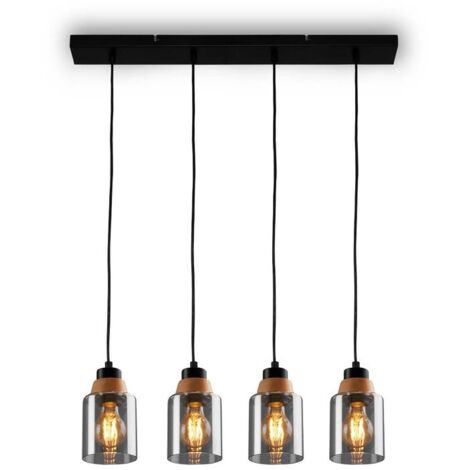 Lampada a sospensione, con legno, vetro fumé, 4xE27/max. (1/5)