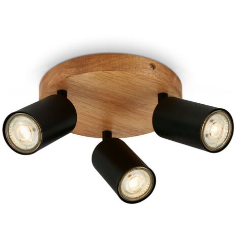 BRILONER - Lampada da soffitto retrò con legno, lampada da soffitto vintage a 3 luci, 3x attacco GU10, spot LED regolabile, spot da soffitto rustico, nero-legno, 190x85 mm