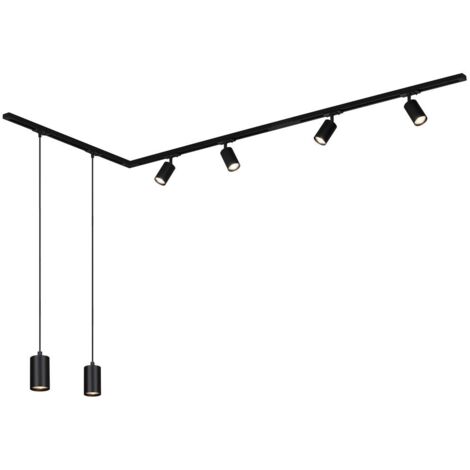 Sistema a binario Briloner Rail, set completo, 4 faretti GU10, 2 pendenti GU10, orientabili, forma a L, nero, 2,25 m