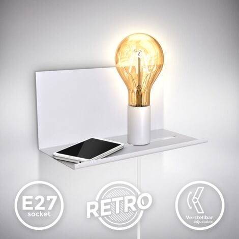 B.K.Licht, Lampada da parete con mensola, Interruttore sul cavo di alimentazione, attacco per lampadina E27 non inclusa, Applique retrò per camera, Lampada da muro con 1 punto luce, bianco opaco